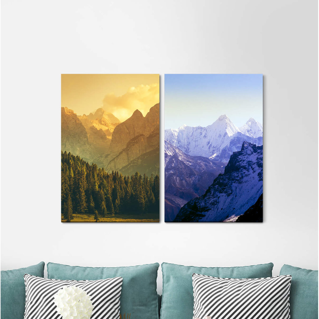 2-tlg. Leinwandbilder-Set - Grafikdruck „Fir Forest Mountains Himalaya Mountain Range Blue Snow Nature”