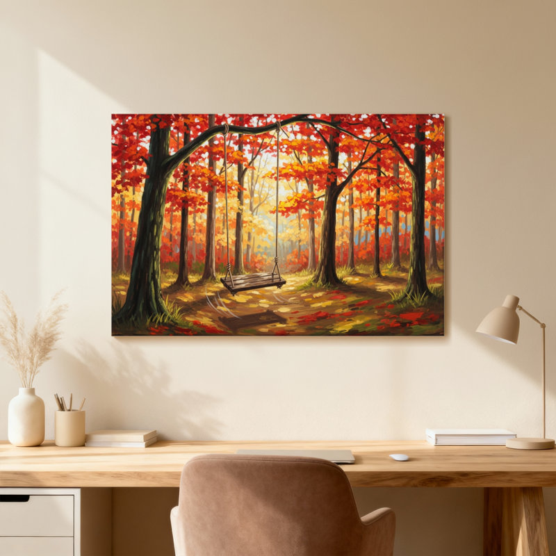 Plantes et fleurs, forêt d'automne, scène de balançoire avec feuilles rouges, H 24 po x l 36 po, Grain de bois clair