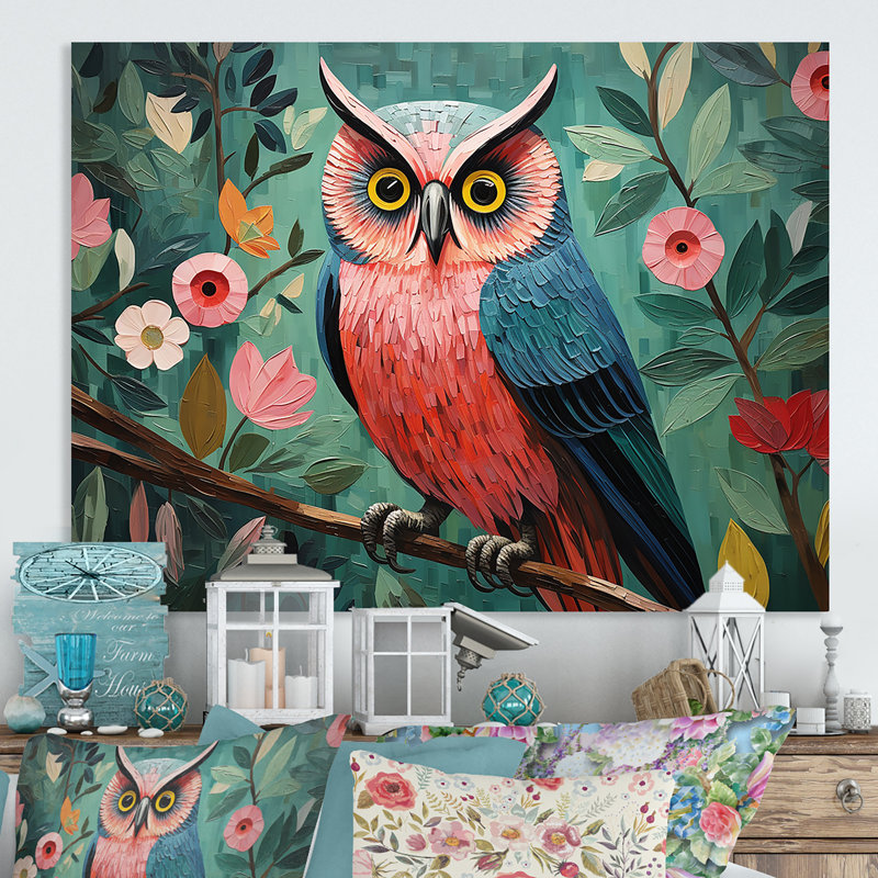 Pink And Blue Owls Gaze II - Owl Animal Metal Wall Art, 30" H x 40" W x 1.5" D