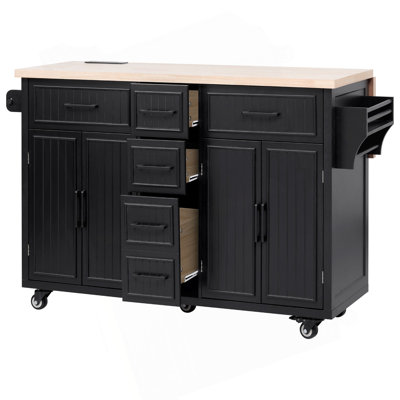 56.5'' Kitchen Island With Drop Leaf, Power Outlet, Embossed Vertical Stripe Rolling Kitchen Cart On Wheels With 4 Doors , 5 Deep Drawers And Adjustable Shelves, For Kitchen, Dining Room