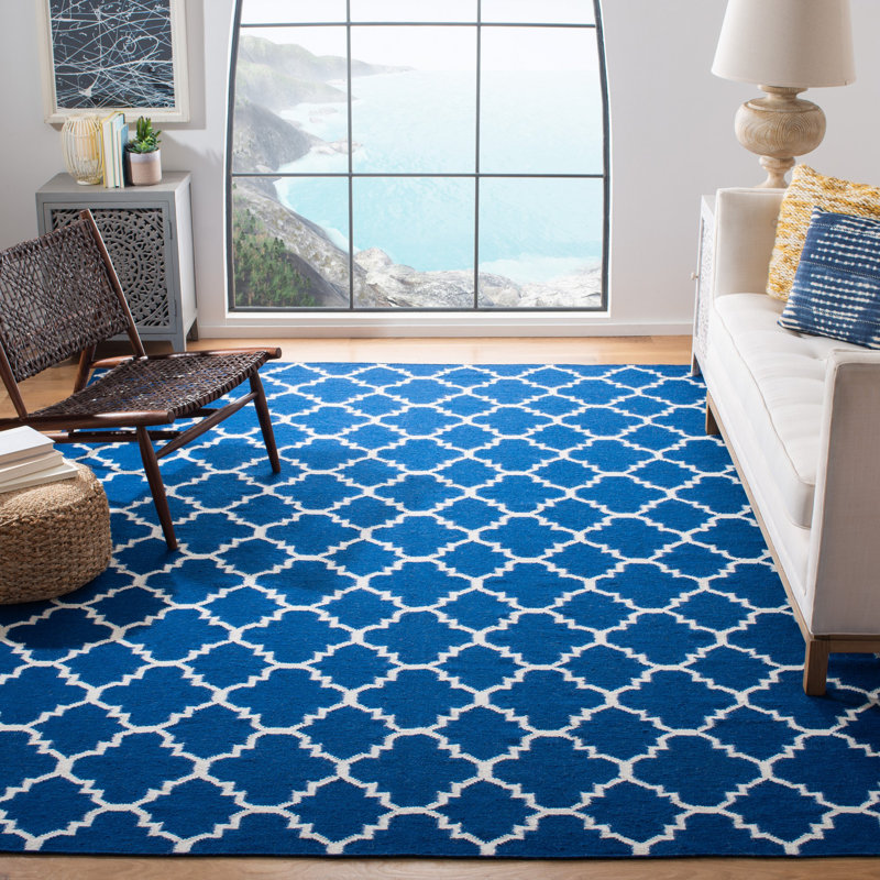 Stahl Hand Woven Flat Weave Wool/Cotton Geometric Rug in Blue/White, Rectangle 6' x 9'