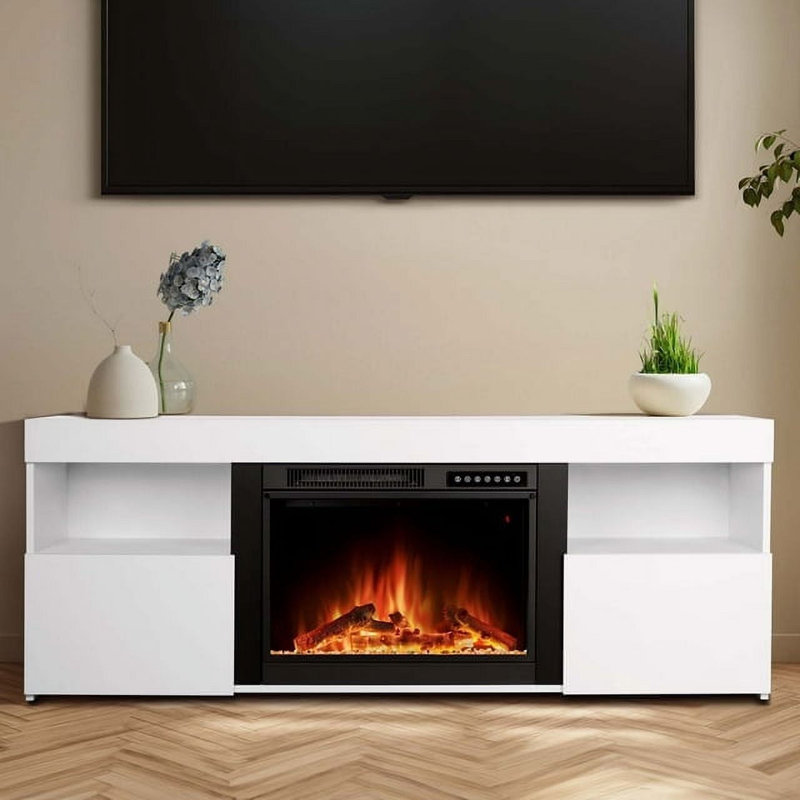 60" Electric Fireplace TV Stand with Remote,4 Flame & 12 Crystal Colors with Auto-Glow,Fully Adjustable 3D Flame,Sleep Timer & Safety Protection,White