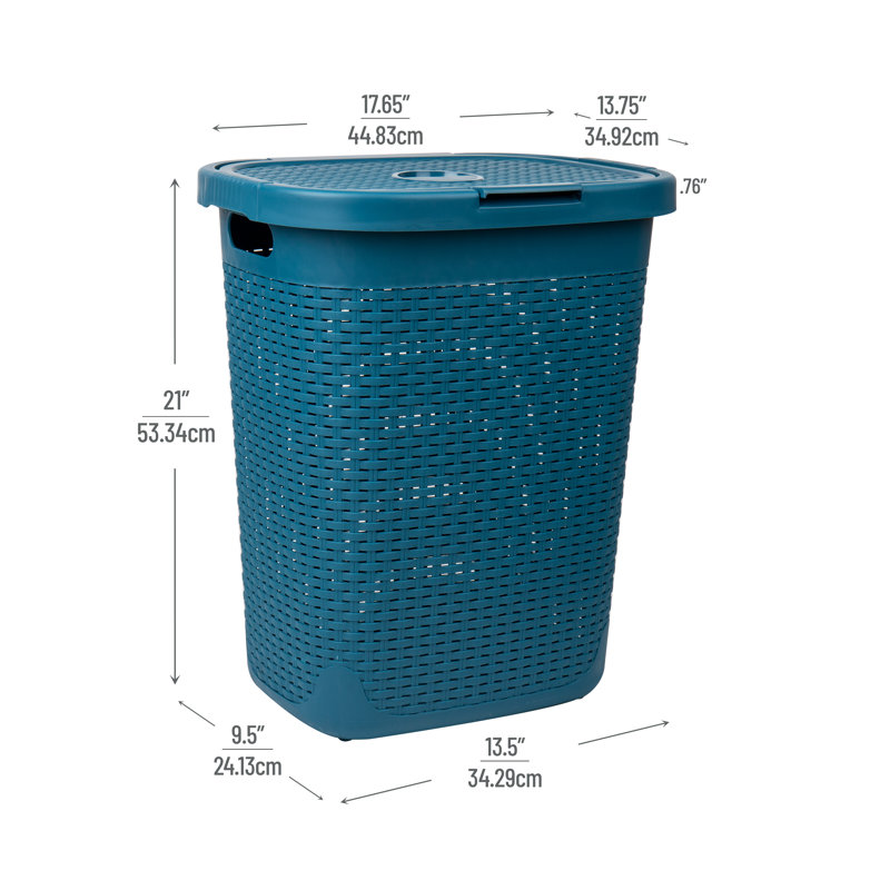  50L Slim Laundry Hamper, Clothes Basket, Lid, Plastic, 17.65" L x 13.75" W x 21" H, Blue
