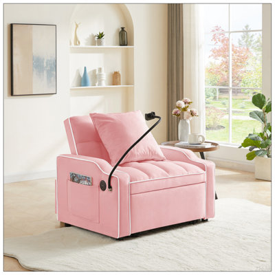 Canapé-lit, canapé-lit convertible 3 en 1 avec dossier réglable, support pour téléphone et port USB, type C, fauteuil inclinable réglable, fauteuil pour le salon, chambre à coucher, petit espace, rose