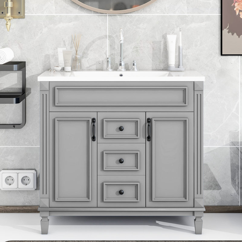 Meuble-lavabo de salle de bain avec lavabo supérieur - Armoire grise de 36 po au design ergonomique pour améliorer votre expérience