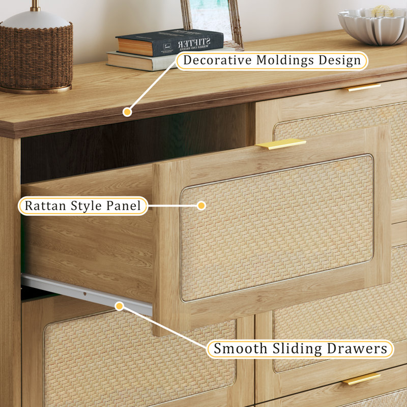 9-Drawer Boho Wood Chest Of Drawer 60" Wide Rattan Style