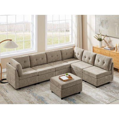 Chenille Upholstered Sectional Sofa Couch With Ottoman