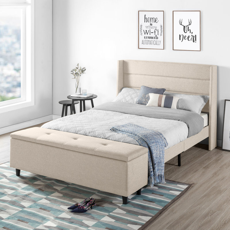 Lit plateforme à panneau de rangement tapissier capitonné à profil bas Minatare, Double, Beige