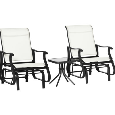 3 balançoires d'extérieur avec cadre en acier blanc crème, table en verre trempé pour le patio, bistro avec cadre et jardin