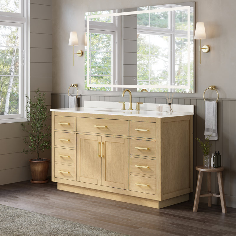 Meuble-lavabo simple Beckett de 60 po avec repose-pieds en chêne Rift, comptoir Giotto Quartz, lavabo carré encastrable (3 trous), garniture noir mat