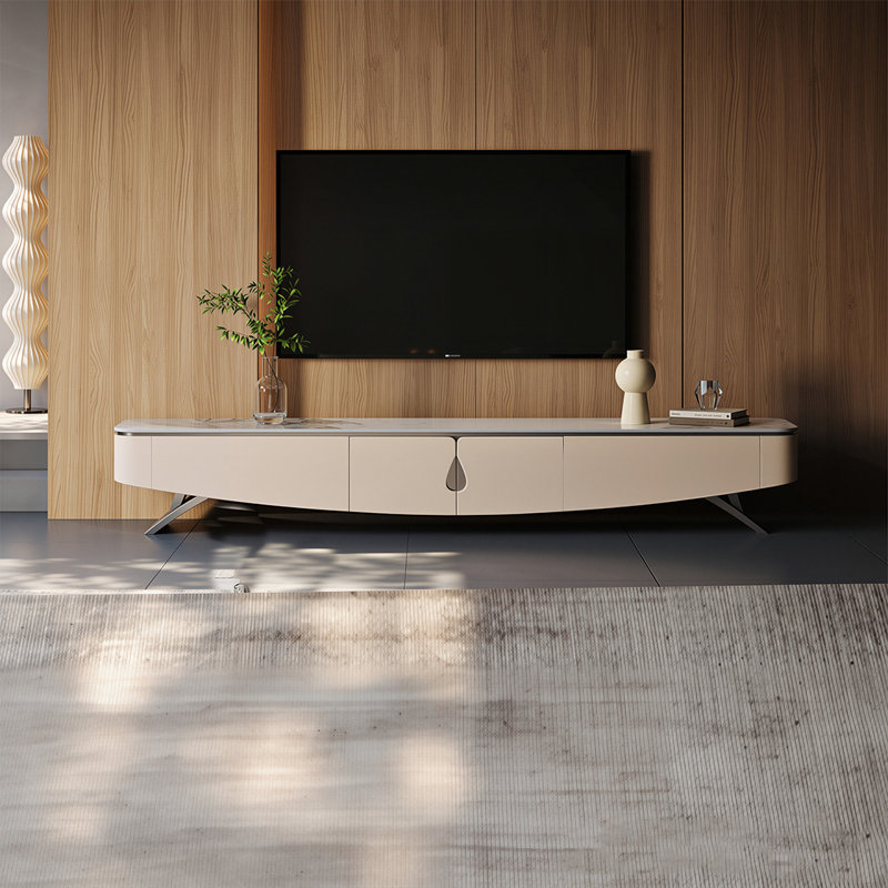 Ensemble de meuble télé minimaliste de luxe en pierre frittée incurvée crème de 94,49 pouces