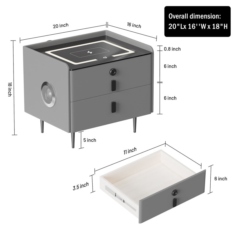 2-Drawer Smart Nightstand with Fingerprint Safe, Wireless Charging, Bluetooth 5.0 Speaker & 3-Color LED Light, Fully Assembled