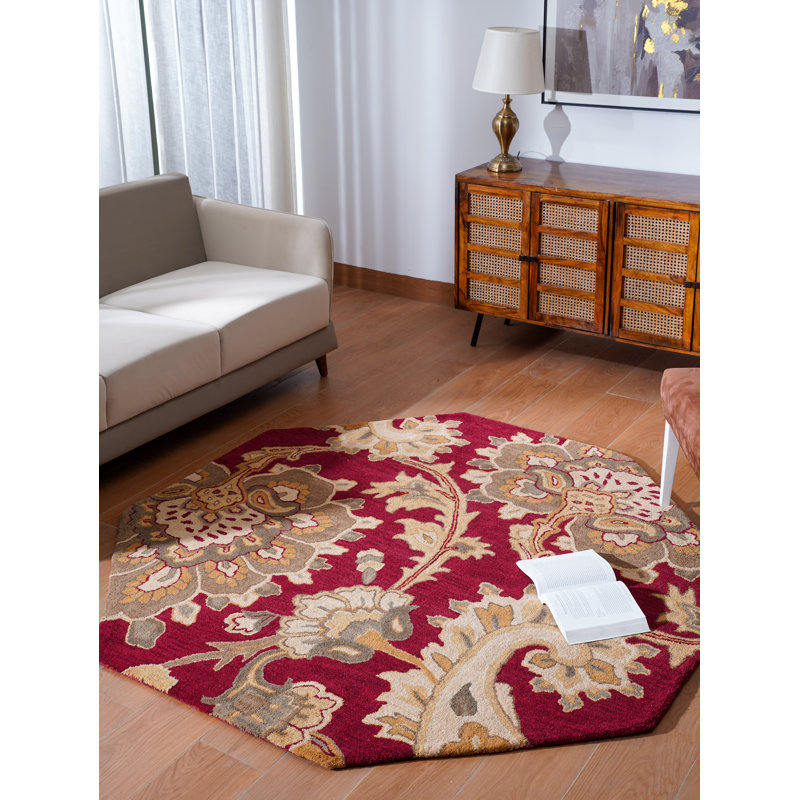 HAND TUFTED WOOL ECO-FRIENDLY AREA RUGS - Octagon | Dark Red Color | Floral Design | 8x8 Area Rugs for Living room, Bedroom