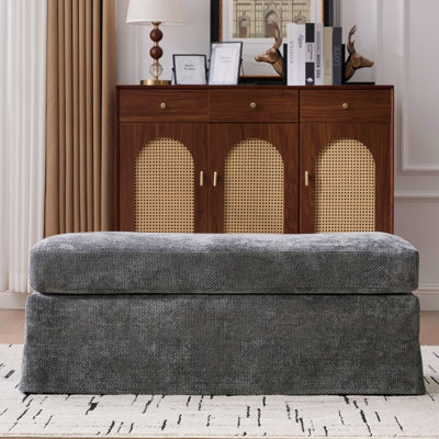 43.7" Wide Modern Upholstered Chenille Ottoman, Foot Stool Square Footrest with Black Metal Legs for Living Room Bedroom Entryway and Office, Charcoal
