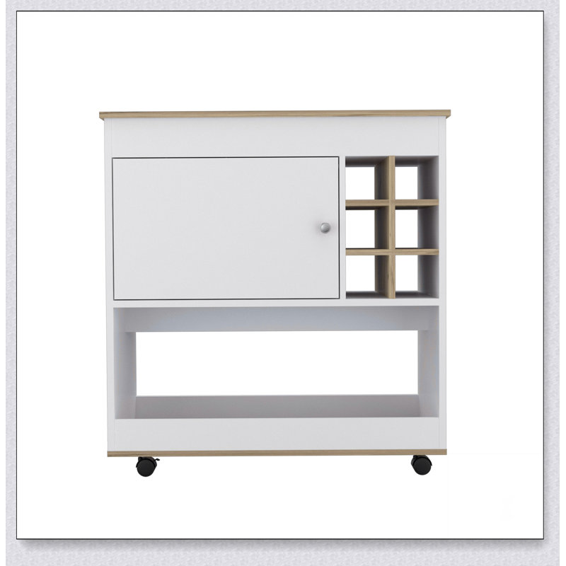 Chariot-bar en chêne clair à 6 bouteilles avec armoire spacieuse et comptoir, parfait pour le rangement organisé et élégant des boissons.