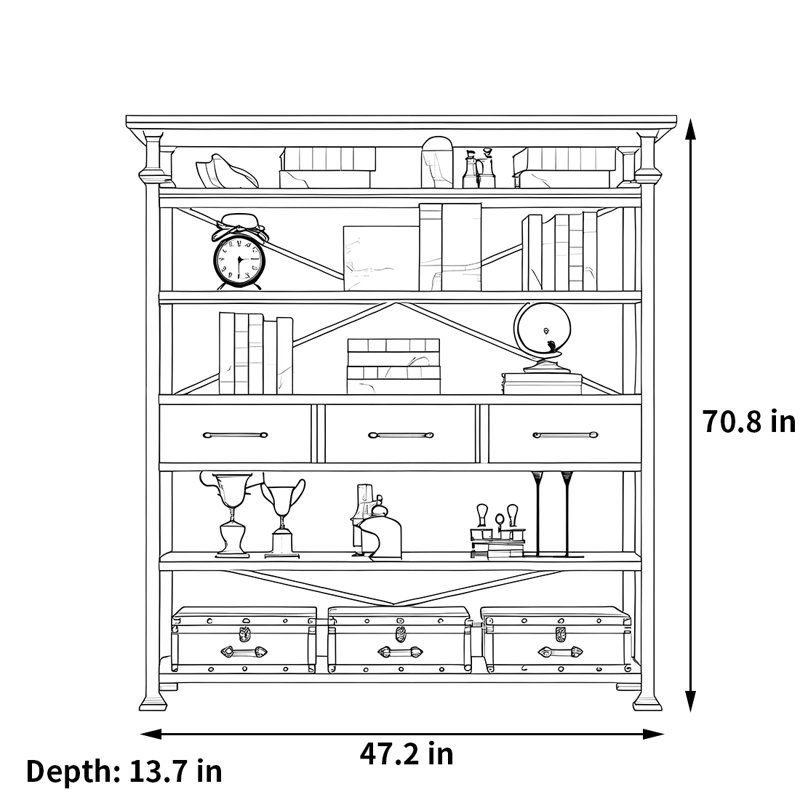 Retro trend bookcase, (5 Shelves) 70.8"H x 47.2"W x 13.7"D