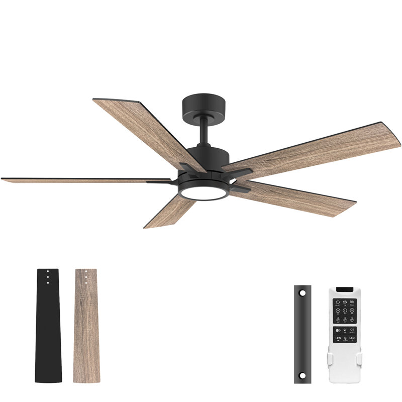 Ventilateur de plafond moderne à 5 pales de 52 po avec lumières DEL et télécommande, moteur à courant continu réversible à 6 vitesses, 3 lumières de couleur, minuterie, pales en bois à double face