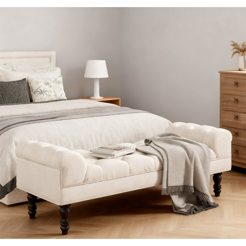 Button-Tufted End of Bed Bench, Beige, Black