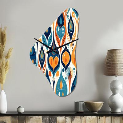 Orange and Blue Botanical Symphony II - Boomerang Shape Abstract 3D Wall Clock