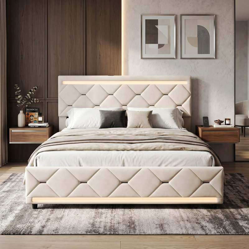EU Double Velvet Upholstered Bed With 4 Drawers, Modern Storage Bed Frame With USB Ports & Dual LED Lights, Beige