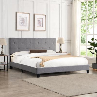 Modern King Size Bed With Upholstered Headboard - No Box Spring Gray Fabric Easy To Build 86.88 In. Long 84.33 Lb Heavy 45.79 Height 600 Lbs Max Weight Platform Assemble Depth Capacity 93.5 Package