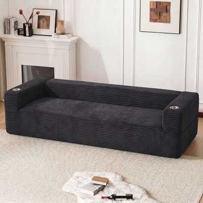 92" W Mid-Century Modern Corduroy Upholstered Compression Sofa  With Cup Holders and Side Pockets No Assembly Required