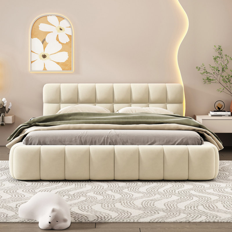 Lit moderne, lit plateforme tapissier avec tissu épais, lit avec base solide