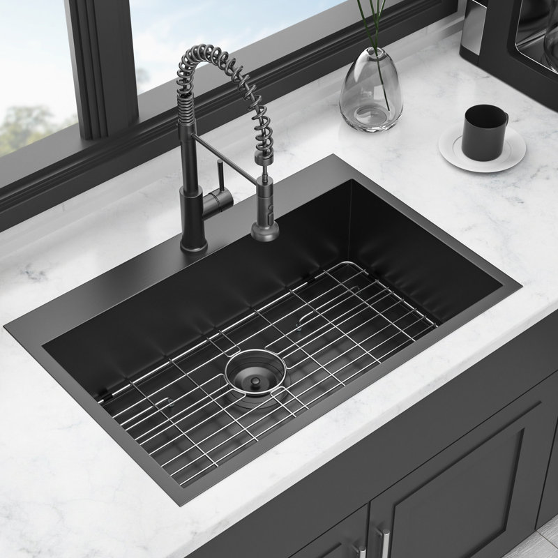 Gunmetal Black Drop In Kitchen Sink - 30" Wide. Stainless Steel 18 Gauge. Single Bowl. Heat & Seepage . Easy To Clean. 9" Deep With Drain Assembly And Rinse Grid 30"X22"X9". Gauge Steel. Made.