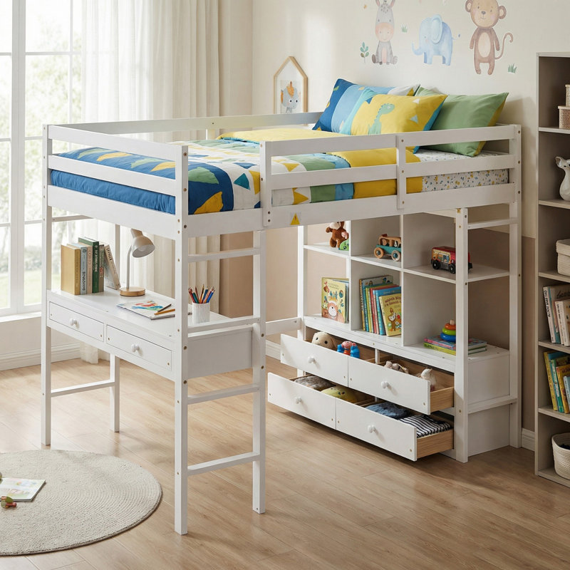Lit mezzanine double en bois massif avec bureau intégré avec deux tiroirs, tablettes de rangement et tiroirs pour la chambre à coucher