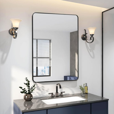 Miroir rectangulaire de 24 po x 36 po en aluminium noir pour mur de salle de bain - Verre de 4 mm de hauteur, verre incassable, aluminium incassable facile à installer, conception incassable, sans effort
