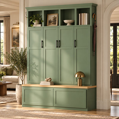 Porte-manteau de style ferme moderne de 139 cm (54,7 po) avec 4 armoires dissimulées, banc de rangement, étagères ouvertes et tiroirs