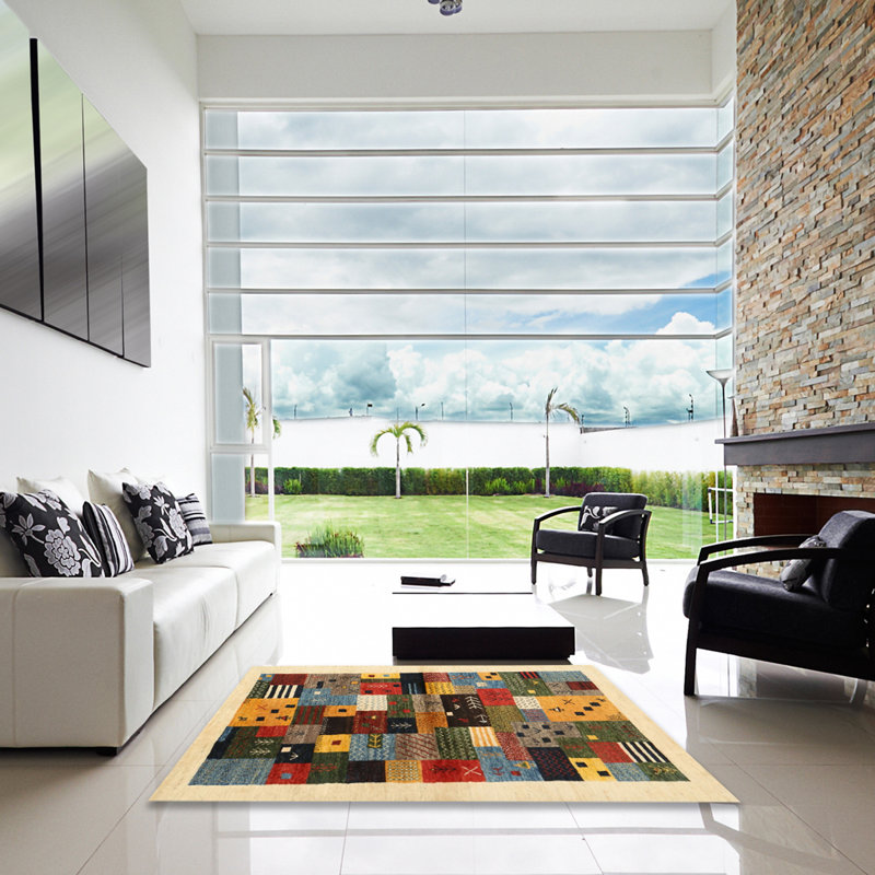 Tapis beige/gris/rouge contemporain, Carré 8 pi