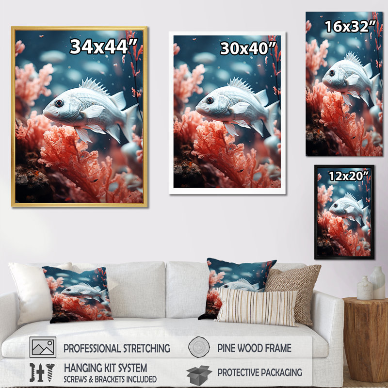 Danse de poissons monochrome bleue et grise, H 32 po x l 24 po x P 1 po, Cadre naturel flottant