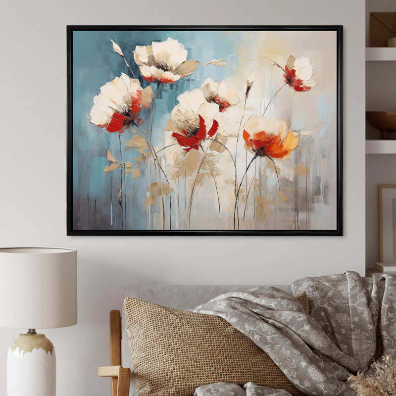 «Beige Poppy Meadow Melody I» sur toile, Cadre flottant noir, H 12 po x l 20 po x P 1 po