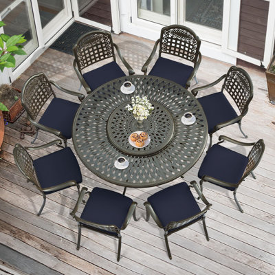 Ensemble de salle à manger 10 pièces pour l'extérieur, ensemble de jardin en aluminium coulé résistant aux intempéries avec 8 chaises rembourrées, table de salle à manger ronde de 61 po avec plateau tournant amovible de 2 po, trou pour parasol 2 p