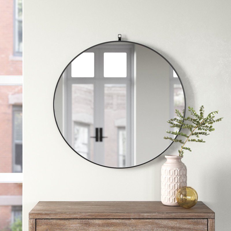Cassie Metal/Manufactured Wood Round Wall Mirror, 28" x 28" , Black