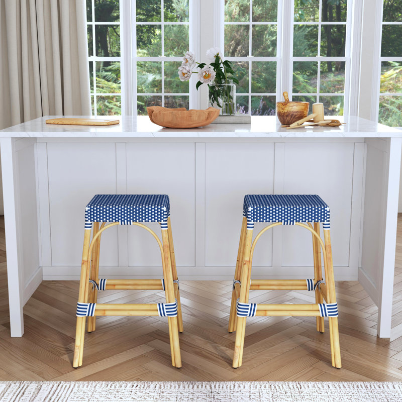 Robias Rattan Bar & Counter Stool, Glossy White/ Natural Rattan Frame, Bar Stool (30" Seat Height)