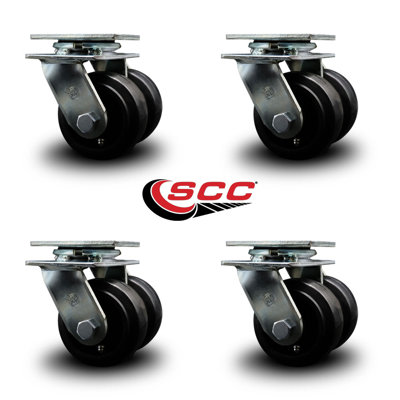 4 Inch Dual Rubber on Steel Wheels Swivel Caster Set with Roller Bearings SCC