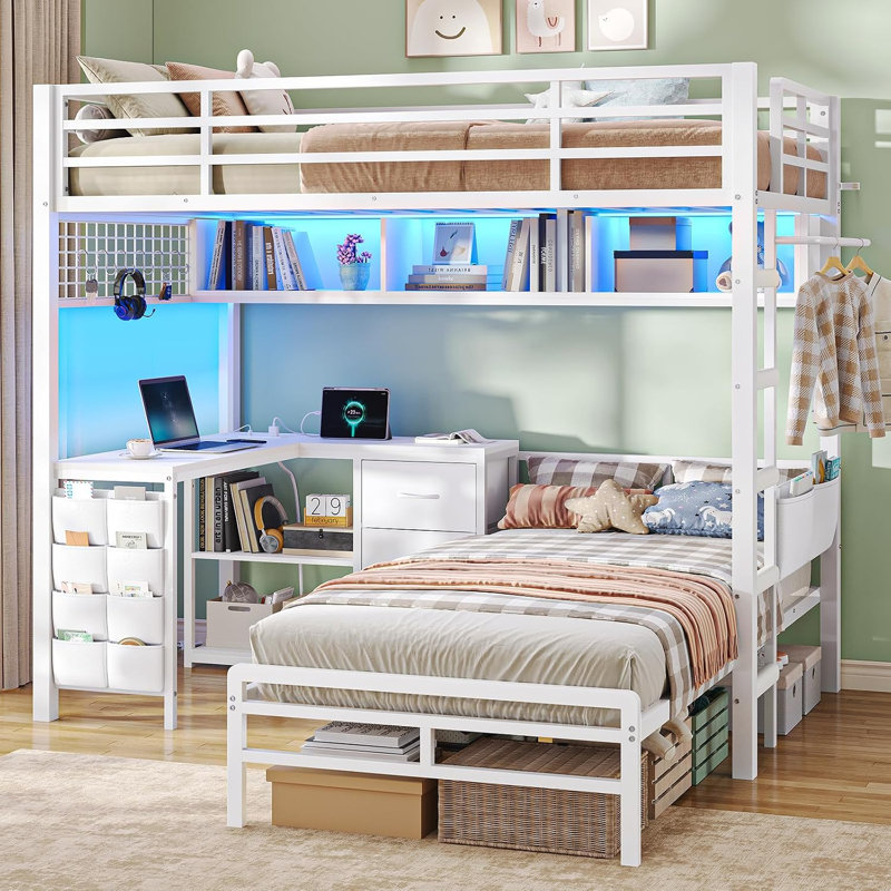 Lit superposé simple au-dessus de simple avec bureau en L et lumières à DEL, lits superposés robustes avec bibliothèque, tiroirs de rangement et station de charge, lit superposé en forme de L avec barrière de sécurité pour enfants, peu encombrant, blanc