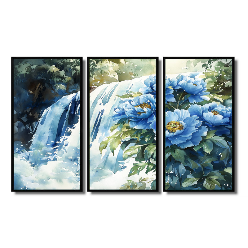 Pivoines par la cascade III - décorations murales pivoines - 3 pièces, H 28 po x l 36 po, Noir