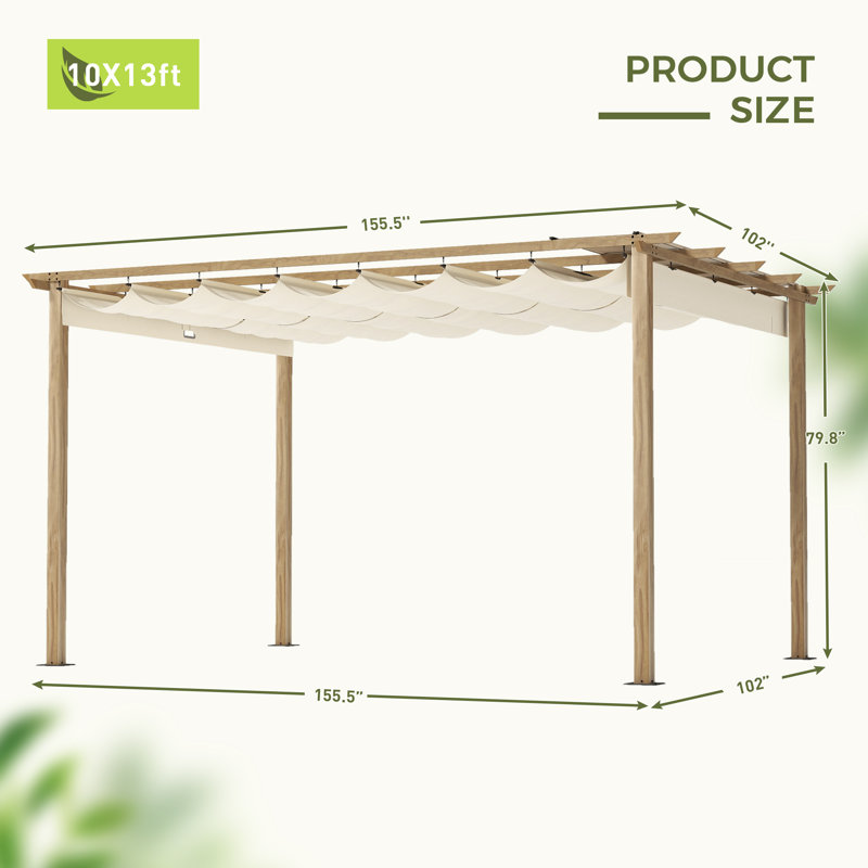 Pergola, 87.4" H x 155" x W x 120" D, Beige, Natural Wood Grain 