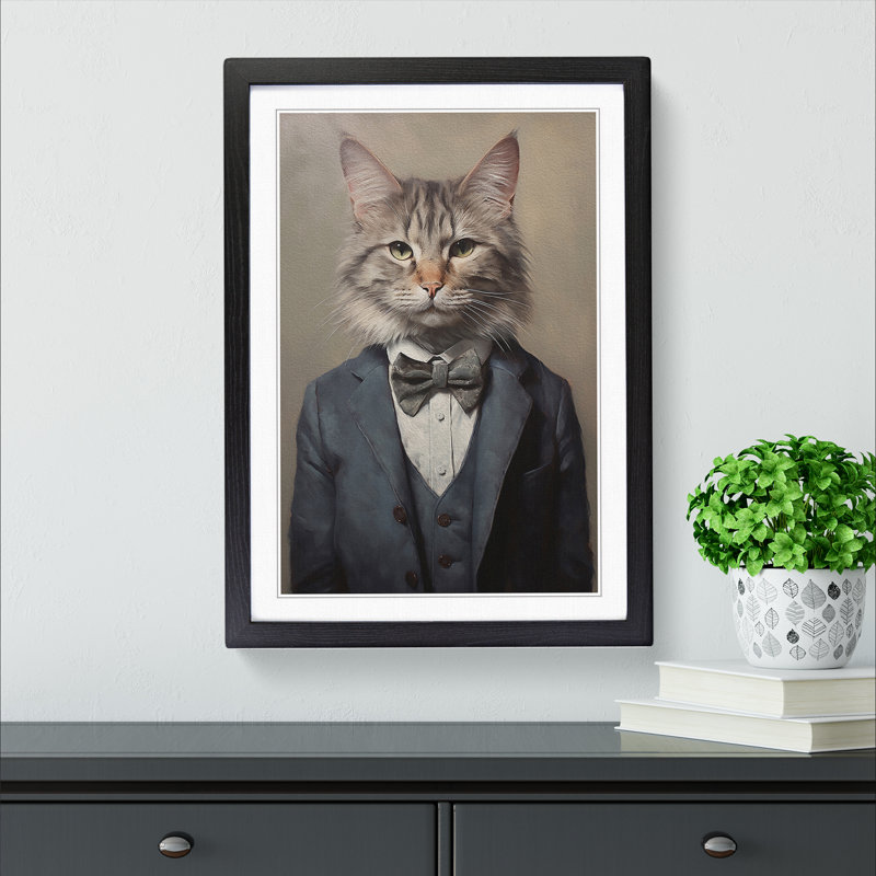Cat In A Suit No.7 - Single Picture Frame Print on Wood, Black , 46cm H x 34cm W x 2cm D