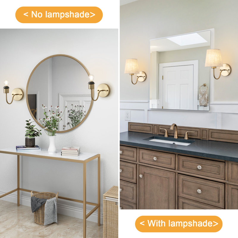  Iknoor Dimmable Rustic Bath Sconce Wall Light with Linen Beige Fabric Lampshade, Brass Wall Sconces for Toilet, Hallway, Staircase, Living Room, Bathroom Dining Room