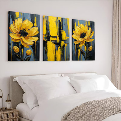 Jaune fleur abstraite, reproduction d'art sur toile tendue sur toile, ensemble de 3 pour salon, chambre à coucher, décoration intérieure
