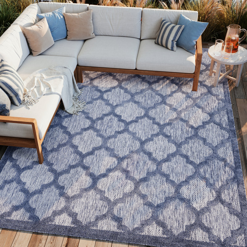 Adianey Red Barrel Studio Easy Care Trellis Denim Blue Indoor/Outdoor Area Rug, Rectangle 7' x 10'