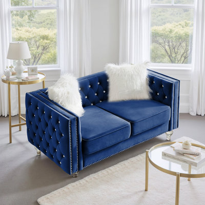 60" Chesterfield Sofa, Velvet Mid-Century Modern Upholstered Loveseat Sofa With 2 Throw Pillows And Acrylic Legs, Nailhead Button Tufted Vintage Couch For Living Room, Apartment