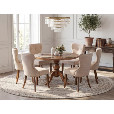 7 Piece Kitchen Table Set Contains a 48" Round Dinner Table with Pedestal and 6 Light Tan Linen Fabric Parson Chairs, Antique Walnut