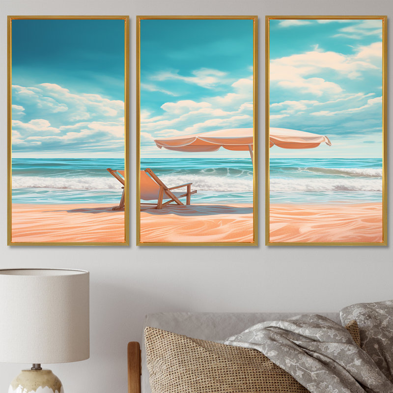 Rhoden - Ensemble d'art mural plage, Cadre flottant doré, H 32 po x l 48 po x P 1 po