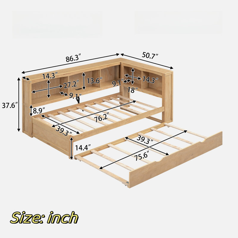 Modern Daybed With Trundle, Storage Cabinets And Usb Ports, Wood