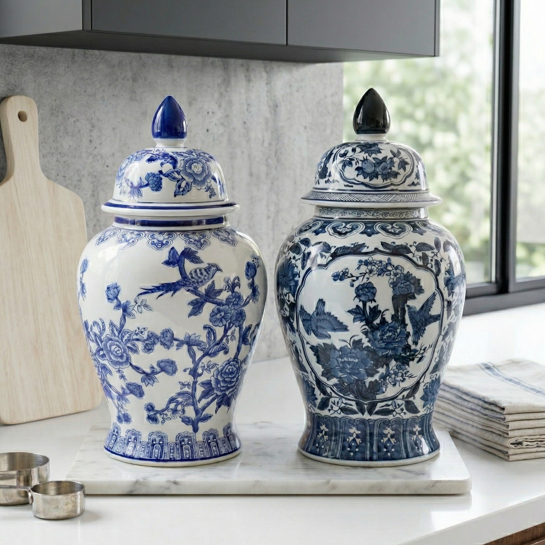 Set of 2 Ceramic Jars With Lids for Home Decor - Blue and White Tall Storage Accent Table Jars for Shelf Styling, Mantel Display and Decorative Use - 18", Blue & White